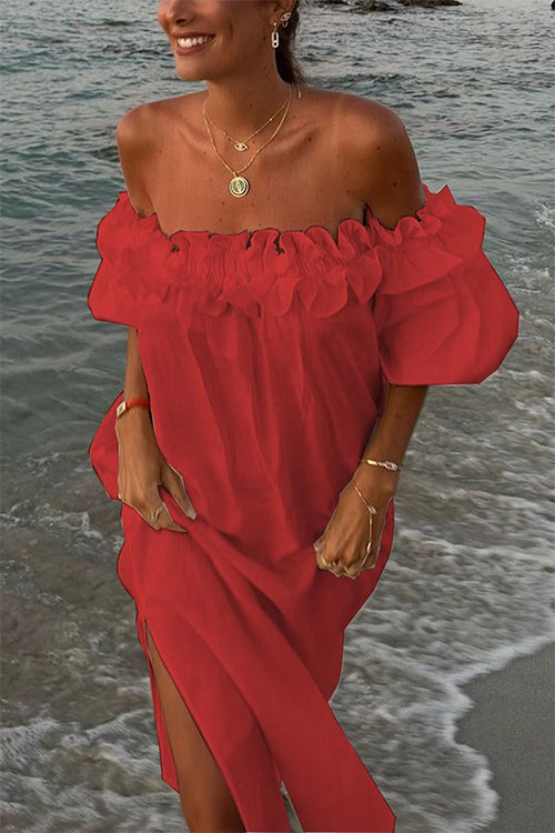 Dam Maxiklänning Off Shoulder Ruffle Bomullslinne För Sommar-6