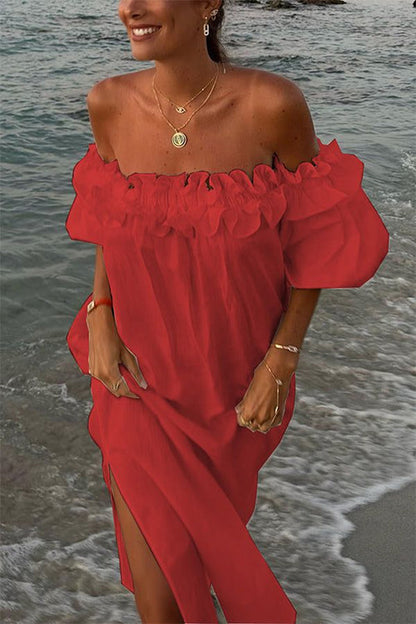 Dam Maxiklänning Off Shoulder Ruffle Bomullslinne För Sommar-6
