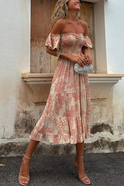 Dam Klänning Off Axlar Rynkad Midi i Bomull och Polyester-3