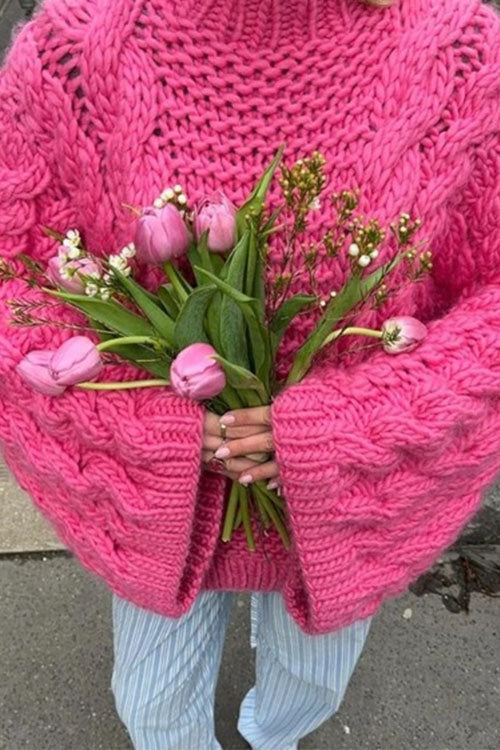 Variant image for Stickad Dam Tröja Oversized Rundad Halsringning Kabelstickad Bomull Polyester-10