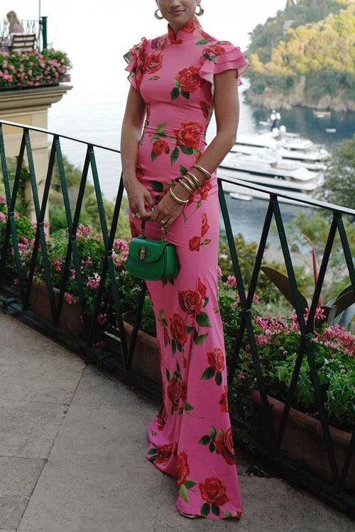 Maxiklänning Dam Rüsch Ärmar Rosmönster Bomull Polyester-3