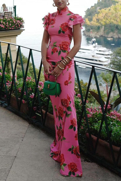 Maxiklänning Dam Rüsch Ärmar Rosmönster Bomull Polyester-3