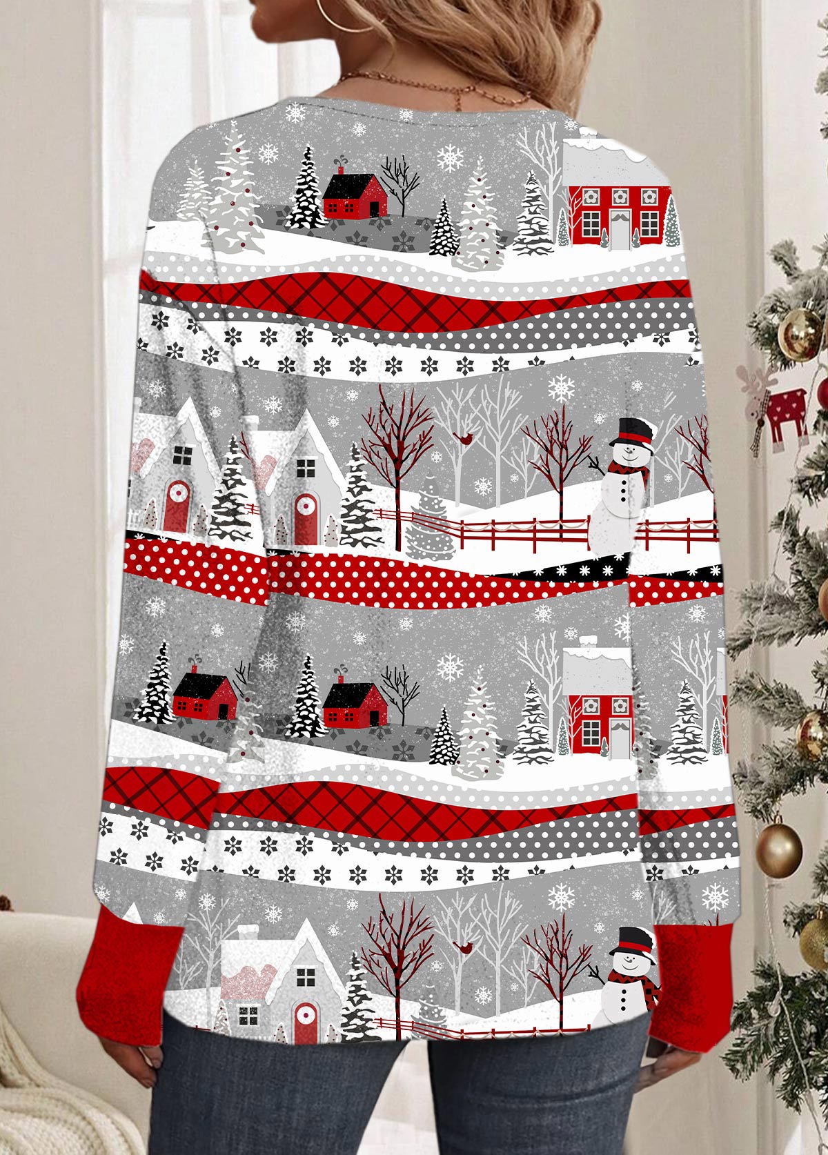 Dam Tröja V-ringning Lapptäcksmönster Mjukt Material-3