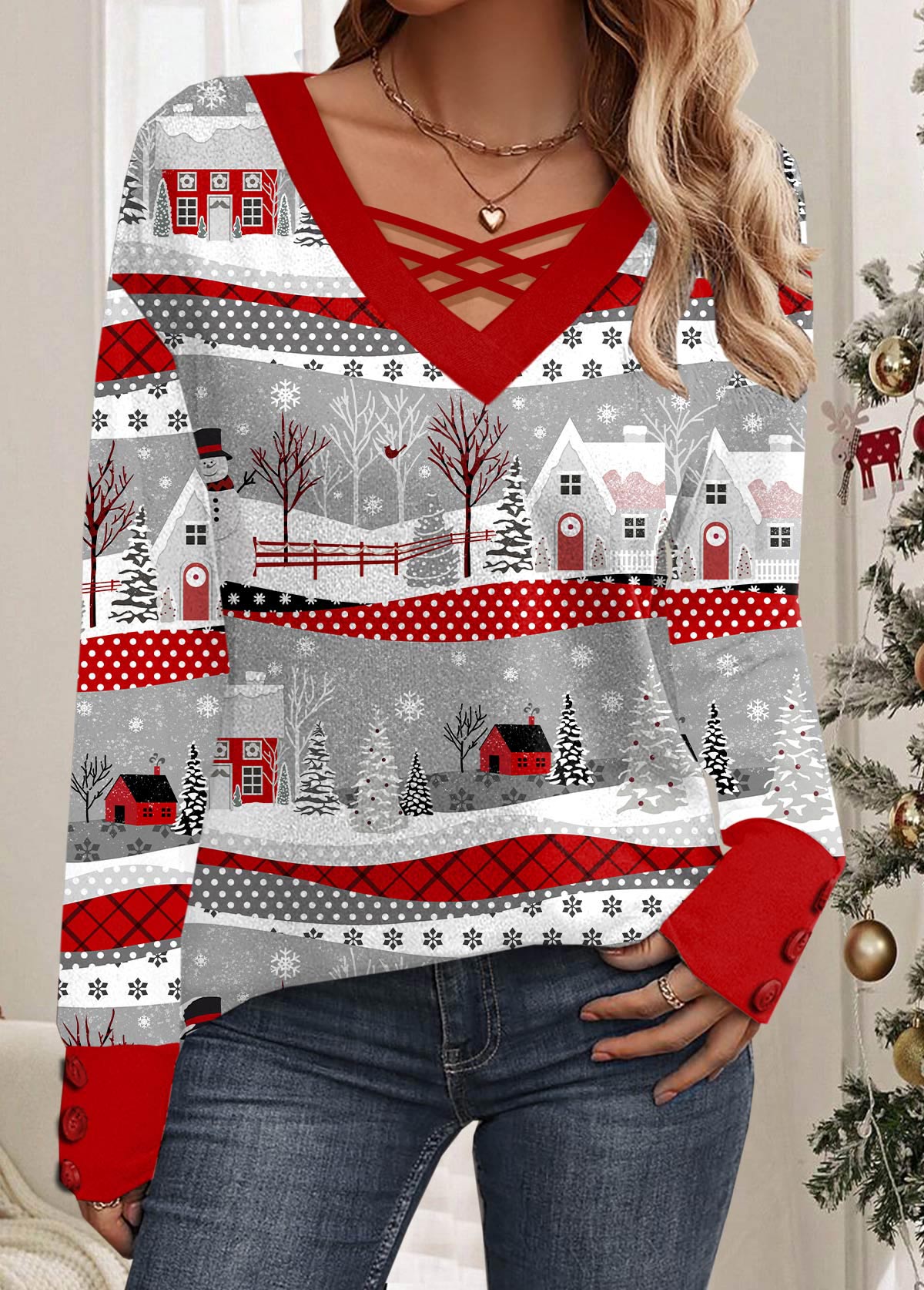 Dam Tröja V-ringning Lapptäcksmönster Mjukt Material-4