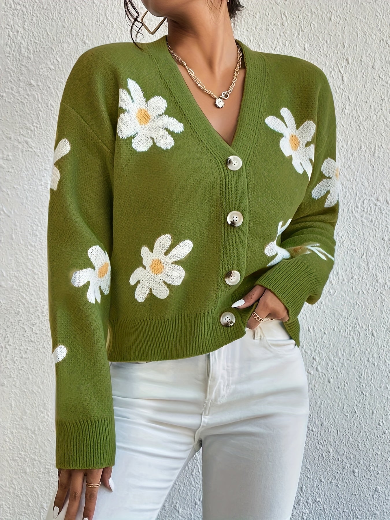 Variant image for Stickad Dam Tröja Långa Ärmar Blommönster Mjuk Material-13