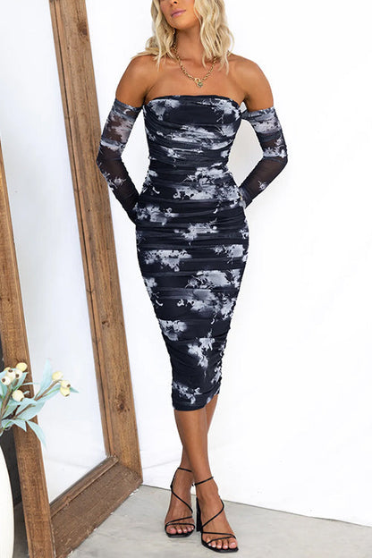 Dam Midi Klänning Off Axel Figurnära Mönstrad Bomull och Polyester-2