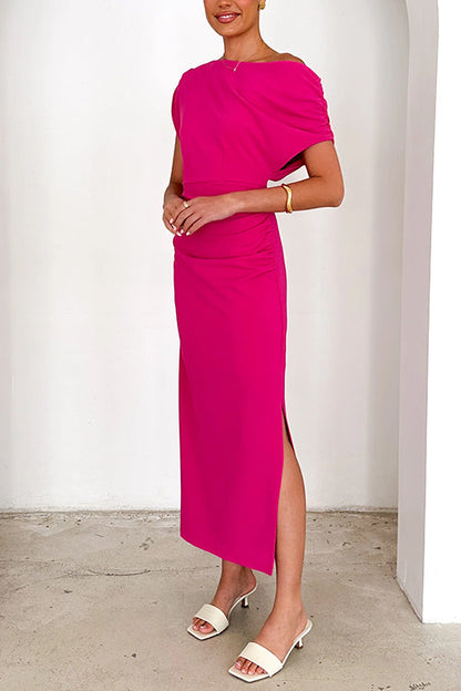 Kvinnors Midi Klänning Off-Shoulder Bomull Polyester med Sidospår-4