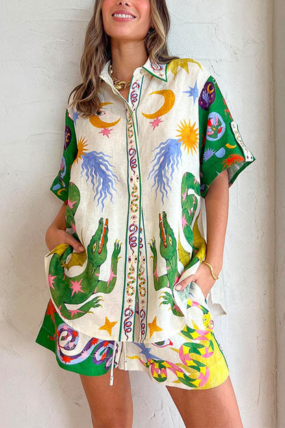 Variant image for Dam Blus och Shorts Set Tecknat Tryck Bomull Polyester-1