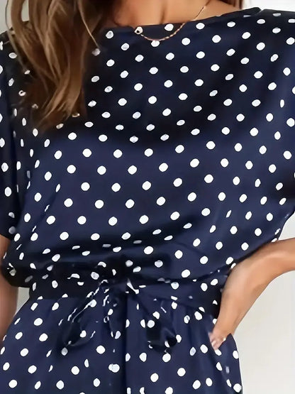 Dam Jumpsuit Prickig Marinblå V-Hals Lätt Tyg-5