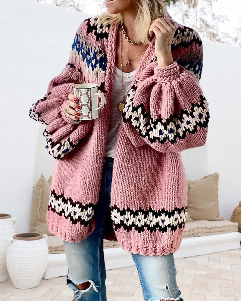 Kvinna Lång Kofta Cardigan med Lykta Ärmar Akryl Polyester 4