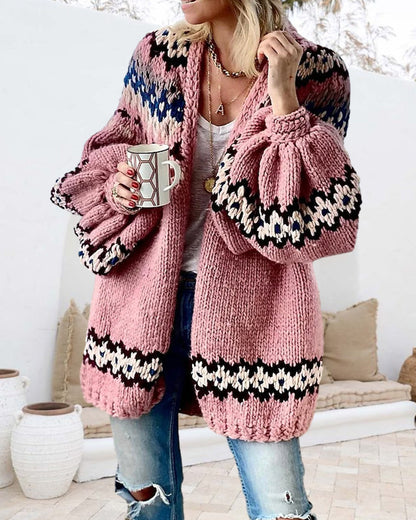 Kvinna Lång Kofta Cardigan med Lykta Ärmar Akryl Polyester 4