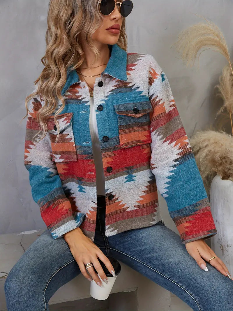 Dam Bomullsjacka Retro Aztec Mönster Bred Passform-4