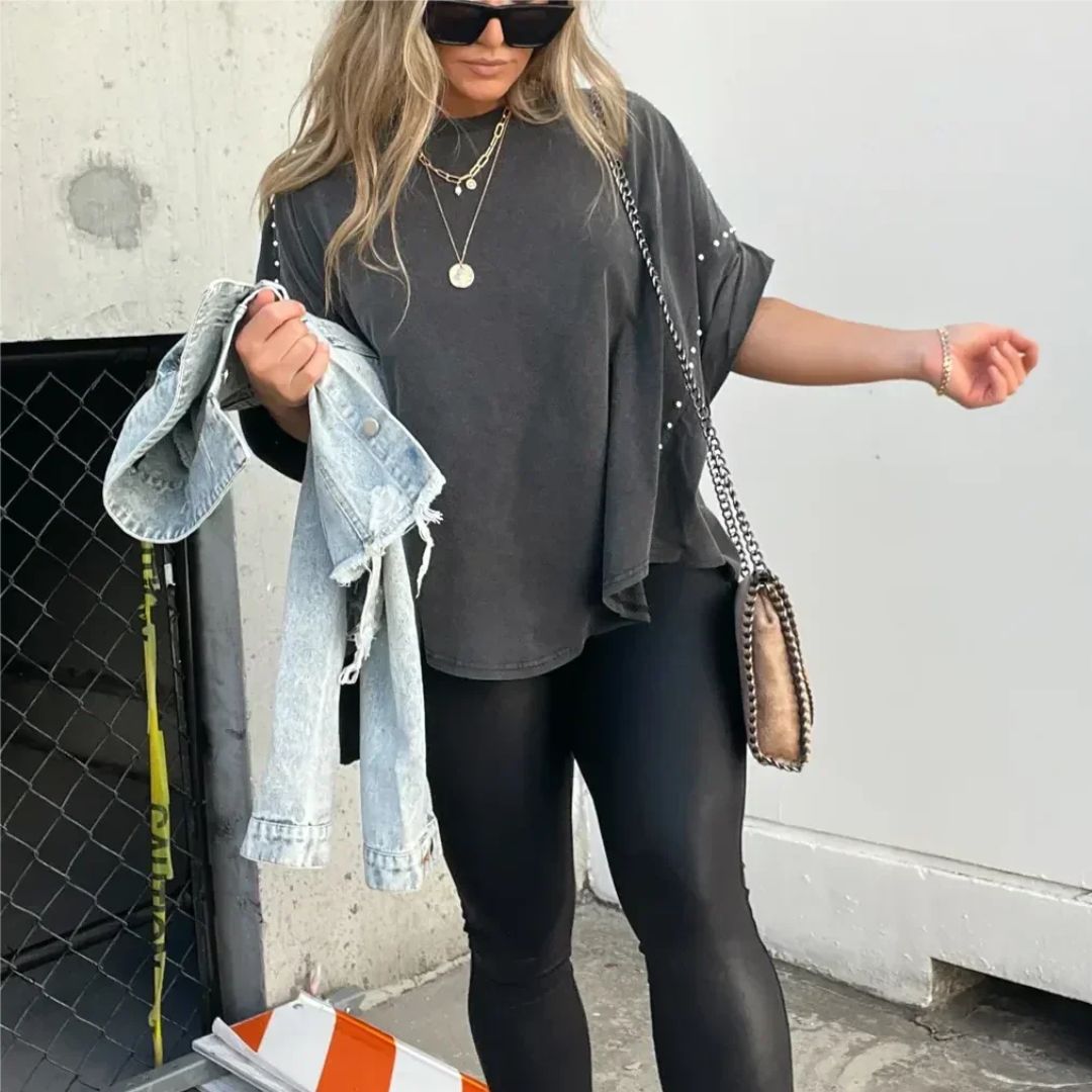 Dam Överdimensionerad T-shirt Urban Chic Bomull med Nitar-1