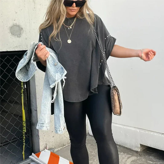 Dam Överdimensionerad T-shirt Urban Chic Bomull med Nitar-1