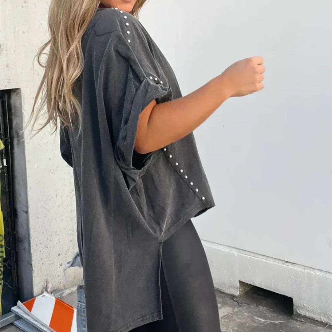 Dam Överdimensionerad T-shirt Urban Chic Bomull med Nitar-5