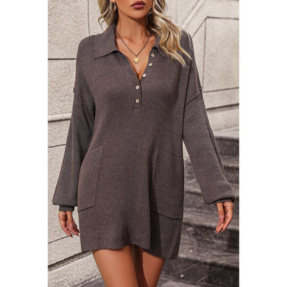 Kvinnors Stickklänning Elegant Mjuk Blandning med Krage och Fickor-1
