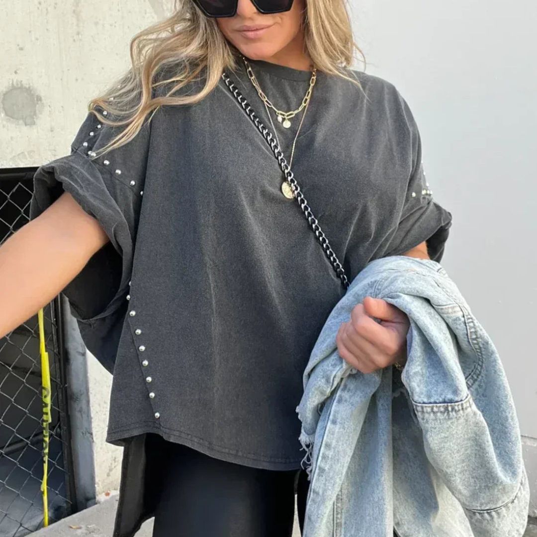 Dam Överdimensionerad T-shirt Urban Chic Bomull med Nitar-3