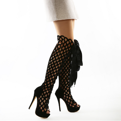 Dam Överknästövlar Hög Klack Flock-3