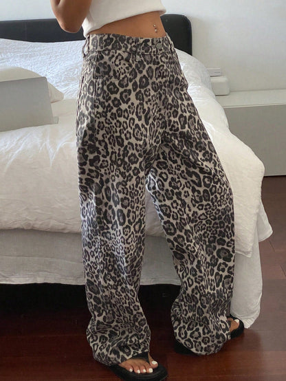 Damjeans Hög Midja Leopardmönster 100% Bomull Lång Passform-2