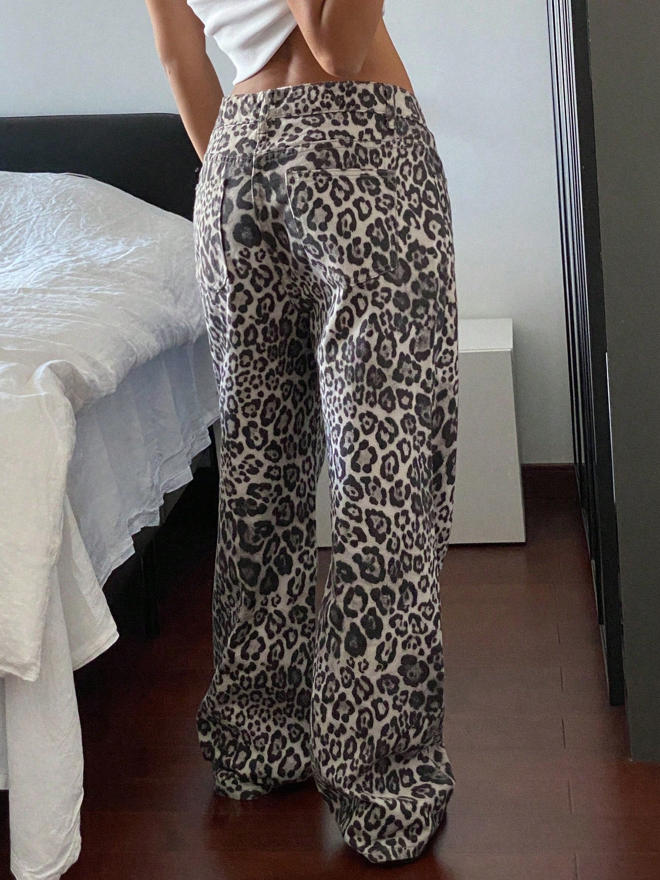Damjeans Hög Midja Leopardmönster 100% Bomull Lång Passform-3