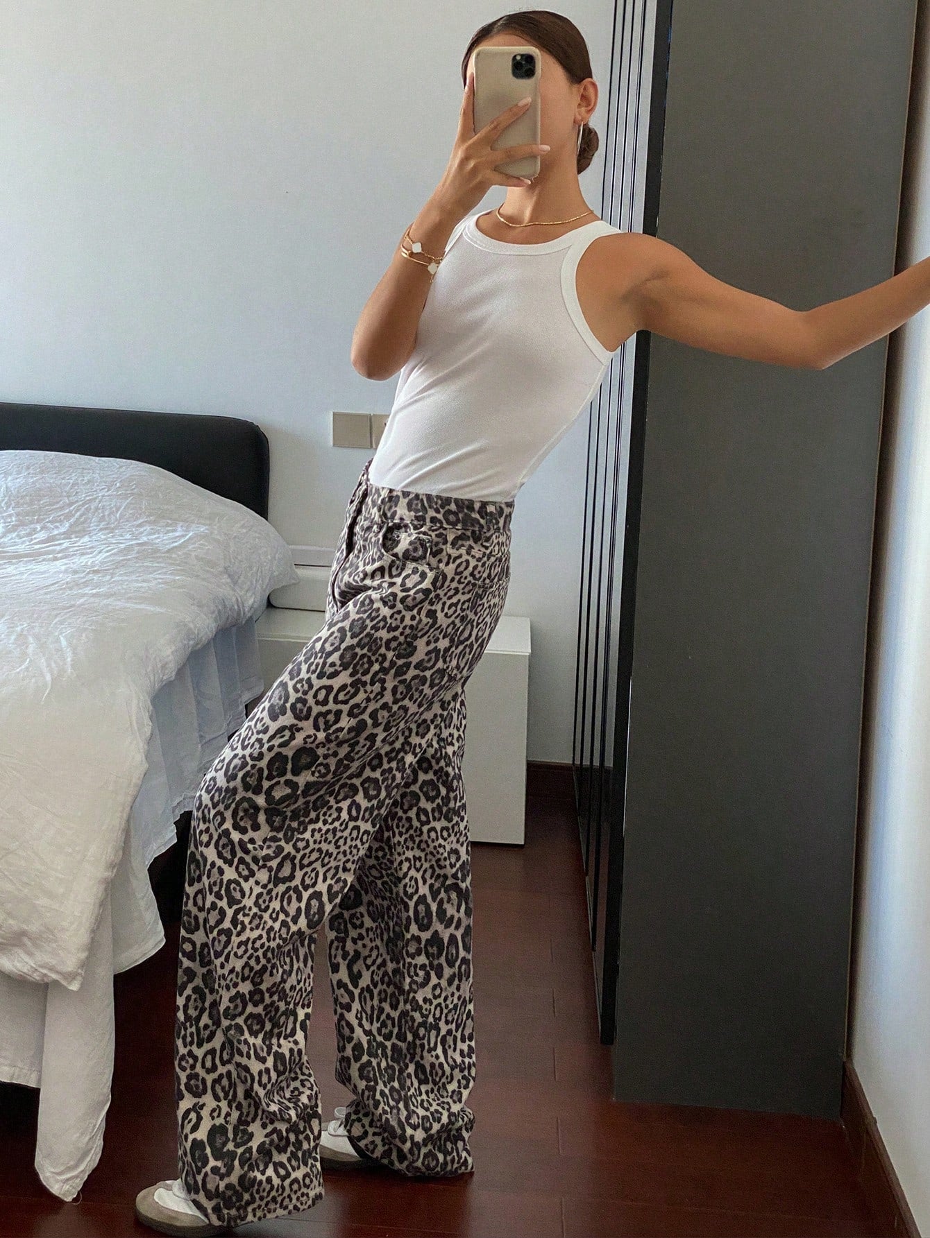 Damjeans Hög Midja Leopardmönster 100% Bomull Lång Passform-5