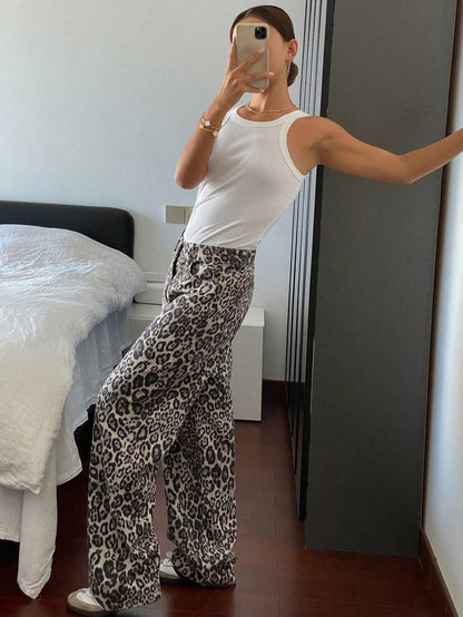 Damjeans Hög Midja Leopardmönster 100% Bomull Lång Passform-5