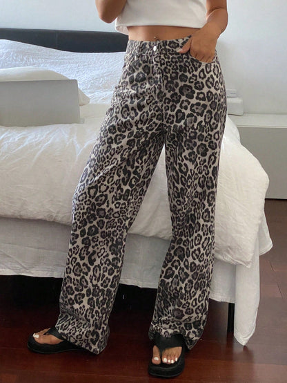 Damjeans Hög Midja Leopardmönster 100% Bomull Lång Passform-4