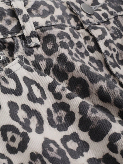 Damjeans Hög Midja Leopardmönster 100% Bomull Lång Passform-6
