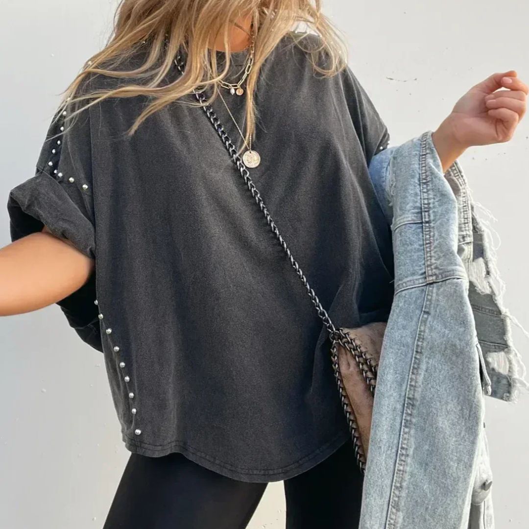Dam Överdimensionerad T-shirt Urban Chic Bomull med Nitar-4