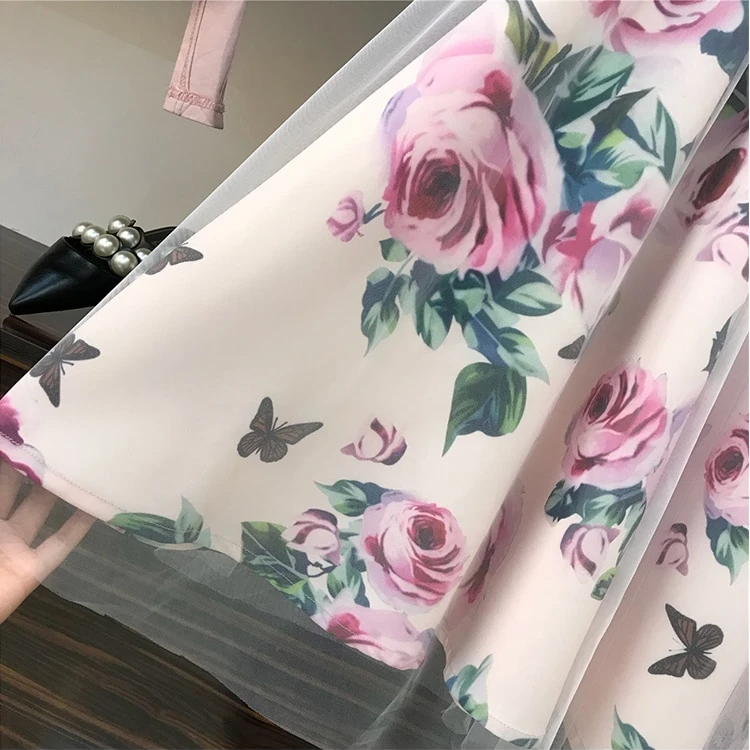 Kvinnors Midi Set Crop-Top Rosmönstrad Bomull Polyester 4