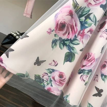 Kvinnors Midi Set Crop-Top Rosmönstrad Bomull Polyester 4