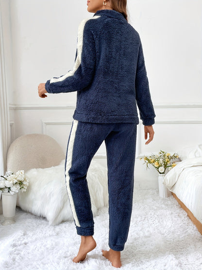Dam Pyjamas Set Plysch Lång Zip Topp och Byxor-4