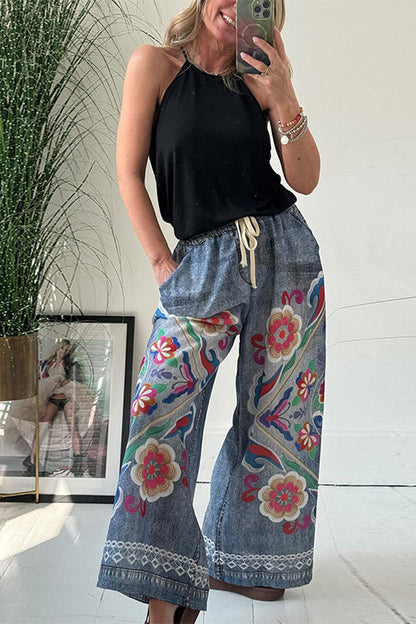 Dam Bredbenta Byxor Blommönster Elastisk Midja Bomull Polyester-1