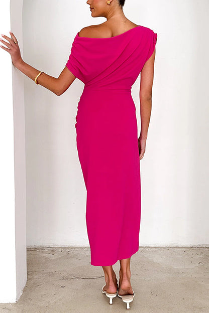 Kvinnors Midi Klänning Off-Shoulder Bomull Polyester med Sidospår-5