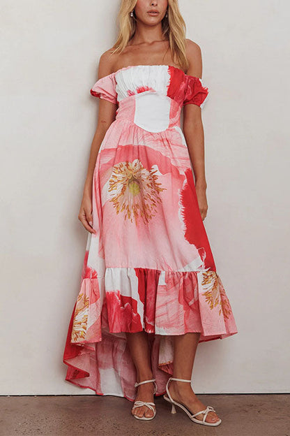 Maxiklänning Dam Off Shoulder Blommönster Ruffle Bomull Polyester-2