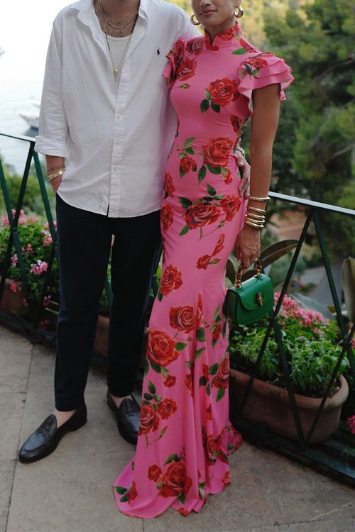 Maxiklänning Dam Rüsch Ärmar Rosmönster Bomull Polyester-5