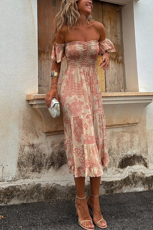 Dam Klänning Off Axlar Rynkad Midi i Bomull och Polyester-5