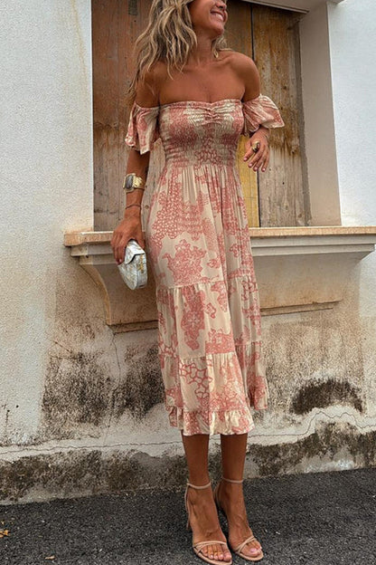 Dam Klänning Off Axlar Rynkad Midi i Bomull och Polyester-5