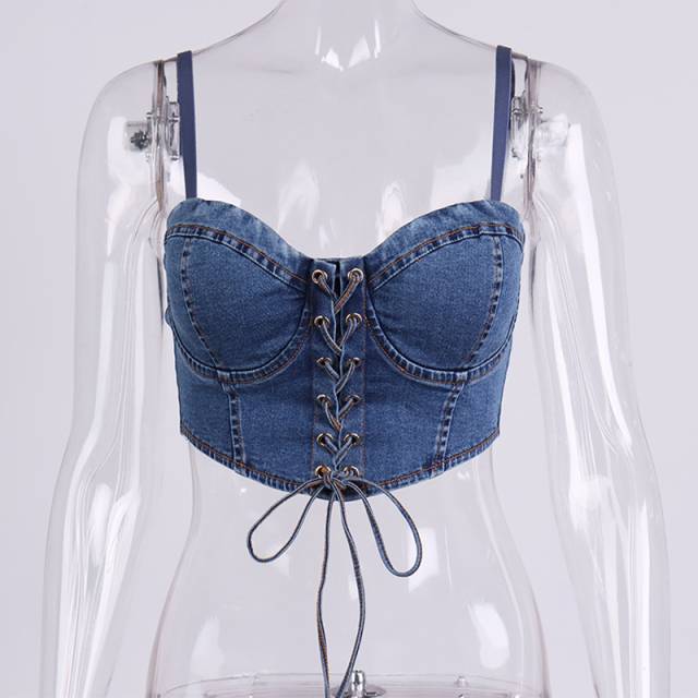 Dam Bustier Kort Denim med Spetsdetaljer-1