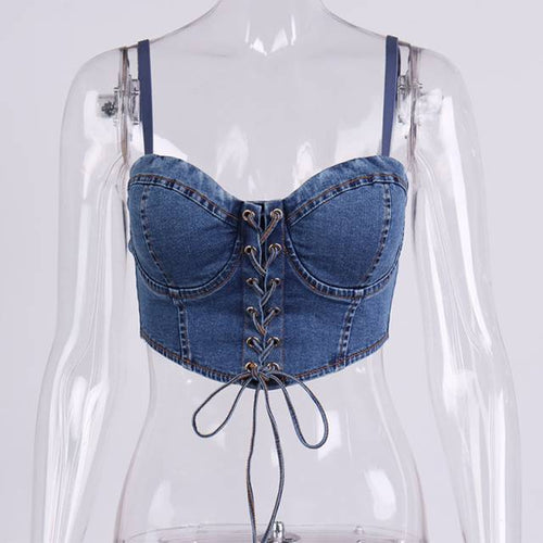 Dam Bustier Kort Denim med Spetsdetaljer-1
