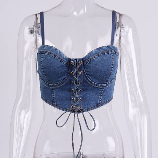 Dam Bustier Kort Denim med Spetsdetaljer-1