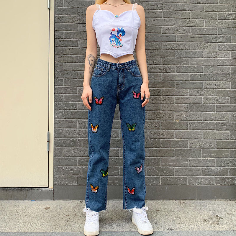 Snygga Byxor Dam Rakt Snitt Hög Midja Denim med Broderi-4