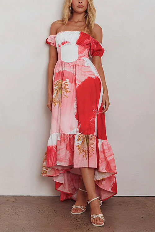 Maxiklänning Dam Off Shoulder Blommönster Ruffle Bomull Polyester-3