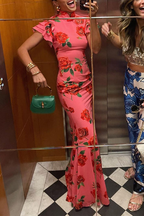 Maxiklänning Dam Rüsch Ärmar Rosmönster Bomull Polyester-6