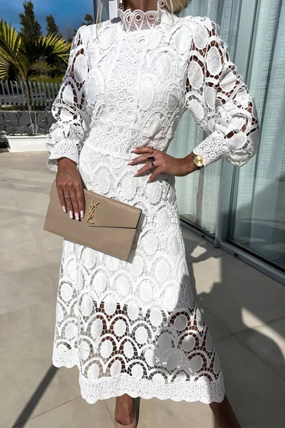 Dam Midiklänning Puff Ärmar Spets Detaljer Bomull Polyester-3