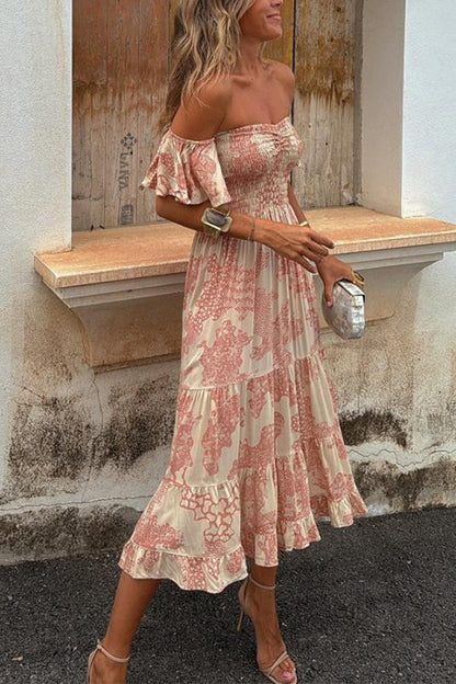 Dam Klänning Off Axlar Rynkad Midi i Bomull och Polyester-6