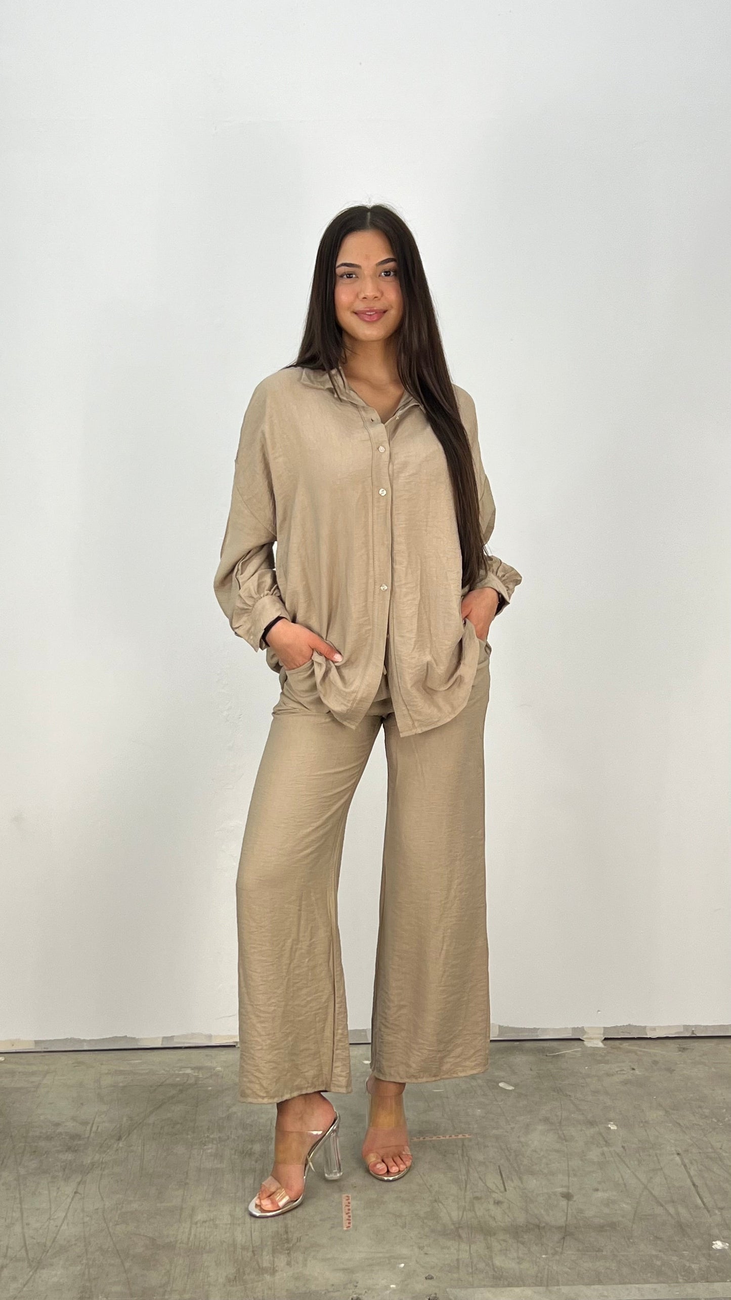 Dam Casual Set Lättviktig Blus och Bred Byxa Andningsbart Tyg-3