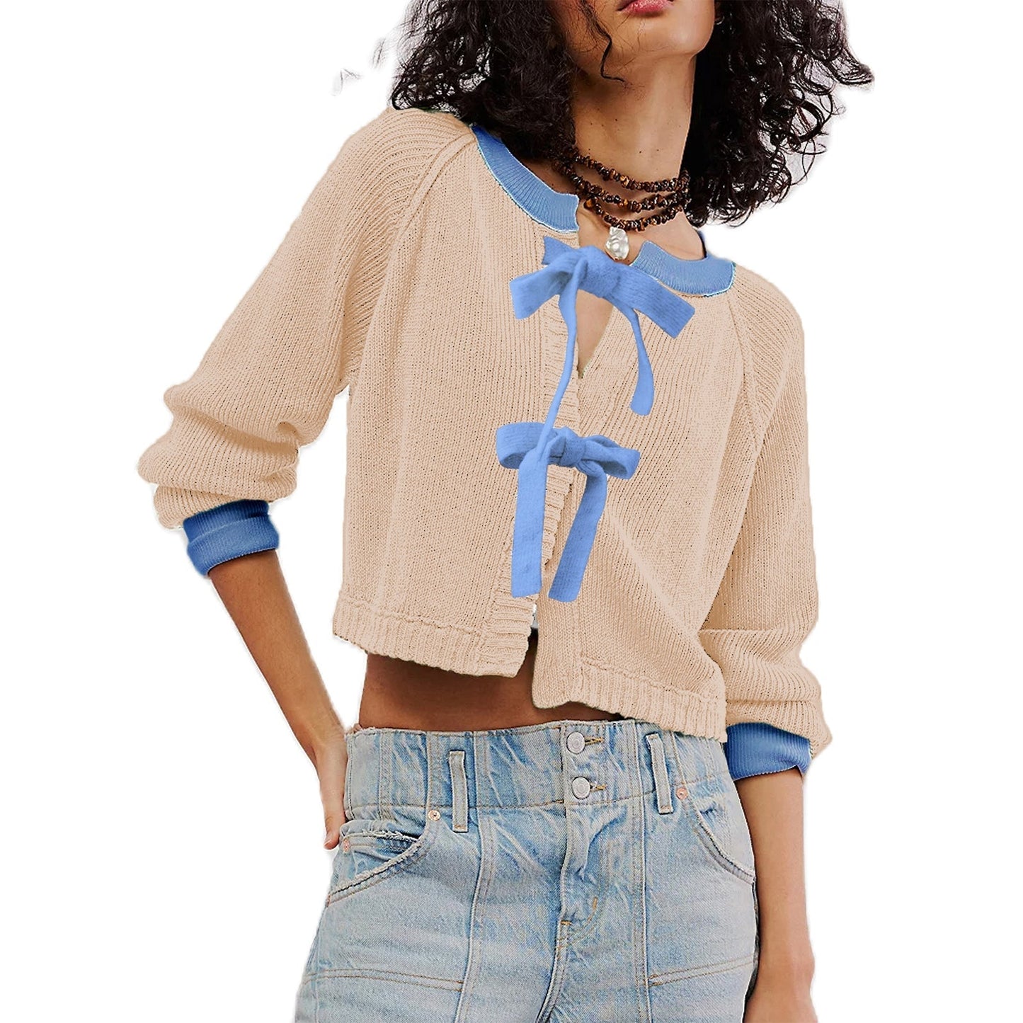 Dam Kort Cardigan Tvåfärgad Akryl med Noddetalj-1