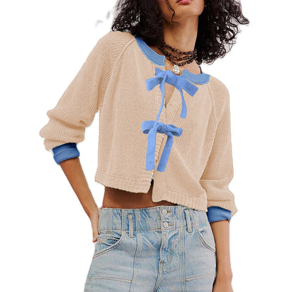 Dam Kort Cardigan Tvåfärgad Akryl med Noddetalj-1