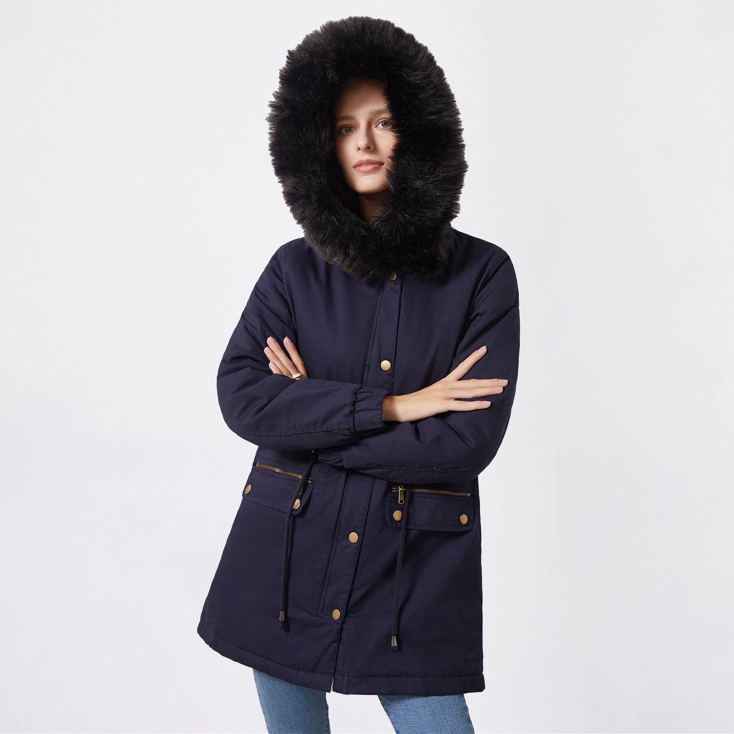 Kvinnors Parka Kappa med Fleecefoder och Huva Bomull Polyester-3